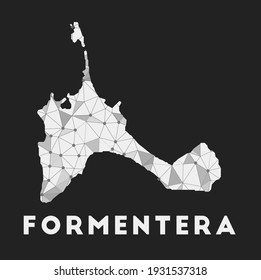 Formentera - Kommunikationsnetzplan der Insel. Formentera trendiges geometrisches Design auf dunklem Hintergrund. Technologie, Internet, Netzwerk, Telekommunikationskonzept. Vektorgrafik.