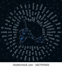 Formentera digital map. Binary rays radiating around glowing island. Internet connections and data exchange design. Vector illutration.