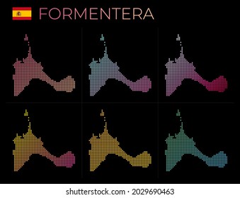 Conjunto de mapas punteados de Formentera. Mapa de Formentera en estilo punteado. Las fronteras de la isla están llenas de hermosos círculos de gradientes lisos. Elegante ilustración vectorial.