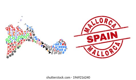 Formentera Island map mosaic and distress Mallorca Spain red round stamp. Mallorca Spain stamp uses vector lines and arcs. Formentera Island map mosaic includes markers, houses, lamps, bugs, men,