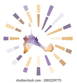 Formentera sunburst. Low poly striped rays and map of the island. Modern vector illustration.