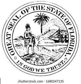 The former Great Seal of Florida, seal has an farmer palm tree, the sun, and some uncharacteristic mountains, vintage line drawing or engraving illustration 