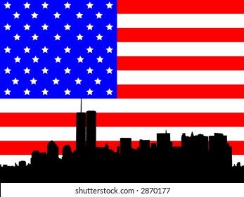 Former Lower Manhattan skyline and American Flag illustration