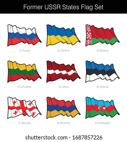 Ehemalige Sowjetunion-Waving Flag Set. Das Set umfasst die Flaggen Russlands, der Ukraine, Weißrusslands, Litauens, Lettlands, Estlands, Georgiens, Armeniens und Aserbaidschans. Vektorsymbole aller Elemente auf Ebenen