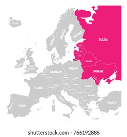 Former Union of Soviet Socialist Republics, USSR, Russia, Ukraine, Belarus, Estonia, Latvia, Lithuania and Moldova pink highlighted in the political map of Europe. Vector illustration.