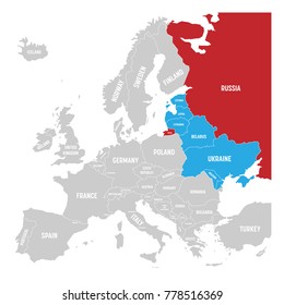 Former Union of Soviet Socialist Republics, USSR, Russia, Ukraine, Belarus, Estonia, Latvia, Lithuania and Moldova in the political map of Europe. Vector illustration.