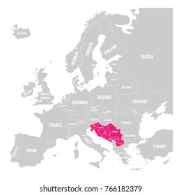 Former Yugoslavia states. Slovenia, Serbia, Croatia, Montenegro, Bosnia and Herzegovina , Kosovo and Macedonia pink highlighted in the political map of Europe. Vector illustration.