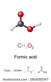 Formic acid, HCOOH, molecule model and chemical structure. Ball-and-stick model of methanoic acid, an important intermediate in chemical synthesis naturally occurring most notably in some ants. Vector