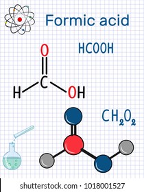 Formic acid (methanoic) molecule. Structural chemical formula and molecule model. Sheet of paper in a cage.Vector illustration