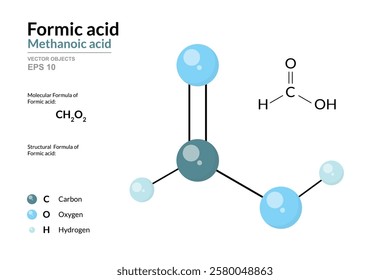 Formic Acid. Methanoic Acid. Structural Chemical Formula and 3d Model of Molecule. CH2O2. Atoms with Color Coding. Vector Graphic Illustration for Educational Materials, Scientific Articles