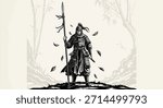 A formidable ancient Asian warrior stands tall, clad in intricate armor and holding a long spear, ready for battle or a ceremonial display.