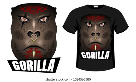 A formidable face Brown Gorilla, orc  warrior face with tattoos, scars and piercingsin with inscription.  Print t-shirt  and apparel design vector illustration