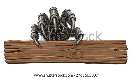 A formidable metallic grey clawed hand with intricate gothic details firmly grasps the top edge of a horizontal wooden plank with visible grain.