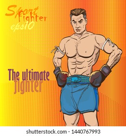 A formidable young man in the boxing platform.Pop art retro comic book cartoon drawing vector illustration kitsch vintage