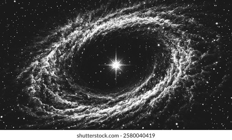 Forming new galaxy around a neutron star with swirling cosmic dust and gas clouds in an endless universe. Starburst nebula in stippling style. Dotwork. Pointillism. Dots shading. Vector illustration