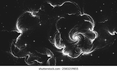 Forming new galaxy around a neutron star with glowing cosmic dust and gas clouds in an endless universe. Starburst nebula in stippling style. Dotwork. Pointillism. Dots shading. Vector illustration