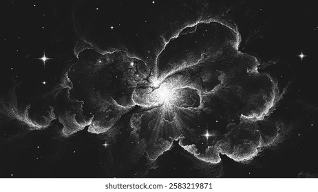 Forming new galaxy around a neutron star with glowing cosmic dust and gas clouds in an endless universe. Starburst nebula in stippling style. Dotwork. Pointillism. Dots shading. Vector illustration