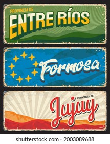 Regiones de Formosa, Entre Ríos y Jujuy, provincias argentinas de vintage. Estrellas amarillas vectoriales, riberas de ríos verdes y colinas de siete colores, carteles de viajes o turismo y pegatinas retro