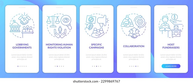Formas de promoción degradado azul en la pantalla de aplicación móvil. Recorrido de apoyo legal 5 pasos de instrucciones gráficas con conceptos lineales. UI, UX, plantilla GUI. Multitud de tipos de letra Pro-Bold, con uso regular