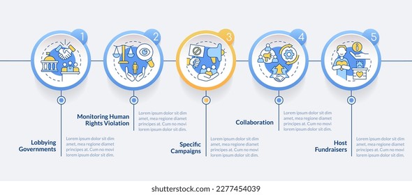 Forms of advocacy circle infographic template. Legal support. Data visualization with 5 steps. Editable timeline info chart. Workflow layout with line icons. Lato-Bold, Regular fonts used