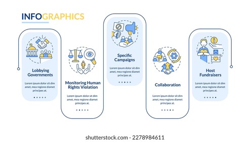 Forms of advocacy rectangle infographic template. Legal support. Data visualization with 5 steps. Editable timeline info chart. Workflow layout with line icons. Lato-Bold, Regular fonts used
