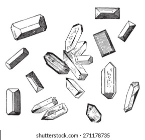 Formas de cristales del fosfato magnésico de amonio, ilustración vintage grabada. 