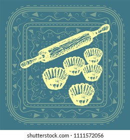 Forms for cupcakes and rolling pin for dough on the background of a beautiful kitchen napkin. Sketch. Vector illustration