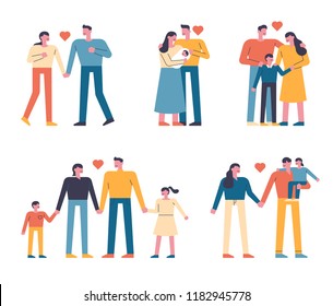 Forms of family members of various members. flat design style vector graphic illustration