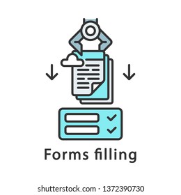 Forms filling color icon. Robot inputting data to forms. RPA. Clerical process automation technology. Artificial intelligence worker. Using cloud service. Isolated vector illustration