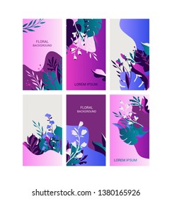 Forms with floral elements for advertising, poster, web design.
Bright backgrounds with flowers and leaves.
