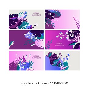 Forms with floral elements for advertising, poster, web design.
Bright backgrounds with flowers and leaves.