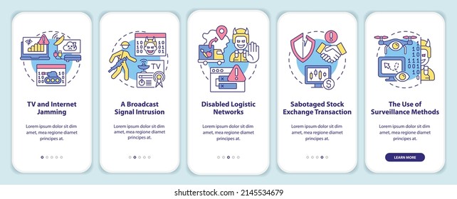 Forms of information warfare onboarding mobile app screen. Walkthrough 5 steps graphic instructions pages with linear concepts. UI, UX, GUI template. Myriad Pro-Bold, Regular fonts used