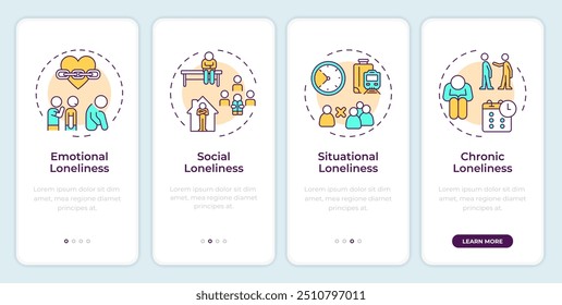 Forms of loneliness onboarding mobile app screen. Self isolation. Walkthrough 4 steps editable graphic instructions with linear concepts. UI, UX, GUI template