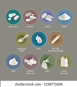 Forms of medicines, dietary supplements, dermocosmetics - full color icons