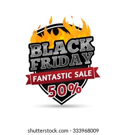 Forms shield retro logo, icon, label, sticker, tag, badge for Black Friday. The pattern of the fire. Vector