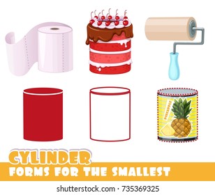 Forms for the smallest. Cylinder and objects having a cylinder shape on a white background developing game