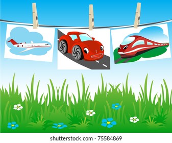 Forms of transport hanging on the clothesline.