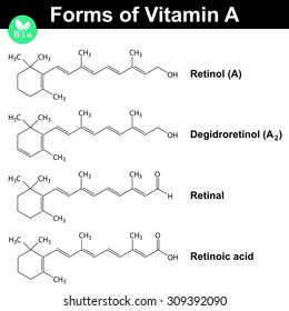Forms of vitamin A - retinol, dehydroretinol, retinal and  retinoic acid, molecular formulas, 2d vector, eps 8