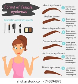 Forms of women eyebrows color flat infographics. Eyebrows cosmetics and instruments color icons