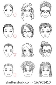 Forms Of Women Head, Types Of Face Shape. Correct And Wrong Hairstyle And Glasses For Face Type. Illustration.