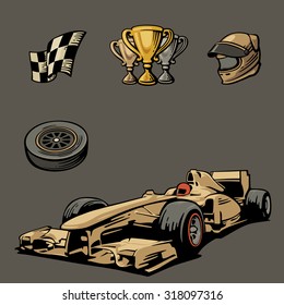 Formula 1 Car sport set symbols icon vector vintage illustration handmade. Isolated on dark background.