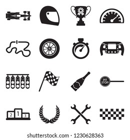 Formula 1 Icons. Black Flat Design. Vector Illustration. 