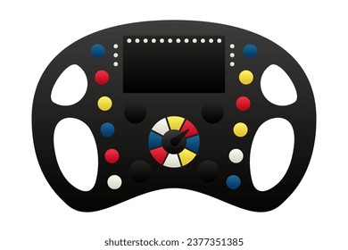 Formula 1 Racing Car steering wheel in gradient colors. Buttons, switches and screen. Part of the machine. The style is closer to realistic. Isolated object on a white background. Vector illustration