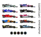 Formula 1 racing cars set with all types of tires isolated on white background. Championship 2019. Side view. Vector illustration.
