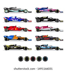 Formula 1 racing cars set with all types of tires isolated on white background. Championship 2019. Side view. Vector illustration.