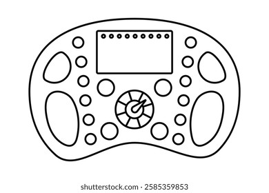 Formula 1 racing Steering Wheel outline. Linear coloring. Sports car Control element. Driving mode buttons and Screen. Isolated on white background. Black and white image. Vector illustration.