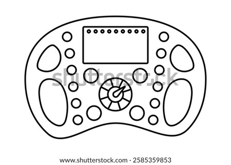 Formula 1 racing Steering Wheel outline. Linear coloring. Sports car Control element. Driving mode buttons and Screen. Isolated on white background. Black and white image. Vector illustration.