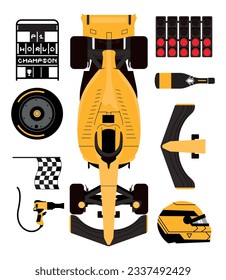 Conjunto de fórmula 1. Tipos de neumático, auto, casco, parada de pozo, podio, luces apagadas. Torneo de carreras de velocidad. Campeonato de Fórmula 1. Concepto de moto-deporte. Ilustración vectorial aislada en segundo plano