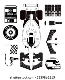 Formula 1 set. Types of tire, car, helmet, pit stop, podium, lights out. Speed racing tournament. Formula One championship. Motorsport concept. Vector Illustration isolated on background