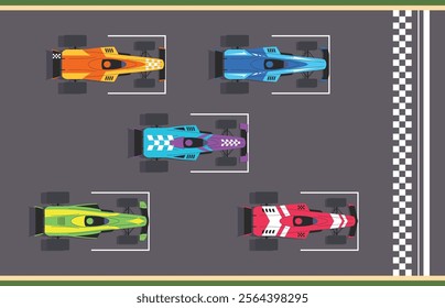 Formula 1 Start. A set of sports and racing cars top view. Modern racing cars for speed competitions. Vector illustration